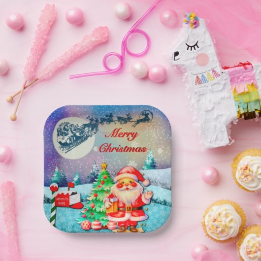 メリークリスマスサンタ、そり、トナカイ、スノーフレーク ペーパープレート (パーティー)