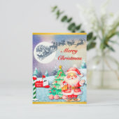 メリークリスマスサンタ、そり、トナカイ、スノーフレーク ポストカード (スタンド正面)