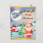 メリークリスマスサンタ、そり、トナカイ、スノーフレーク ポストカード (正面/裏面)