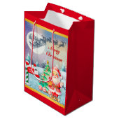メリークリスマスサンタ、そり、トナカイ、スノーフレーク ミディアムペーパーバッグ (正面アングル)