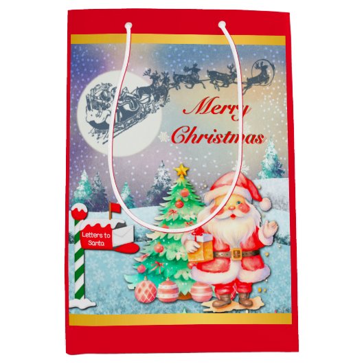 メリークリスマスサンタ、そり、トナカイ、スノーフレーク ミディアムペーパーバッグ (正面)