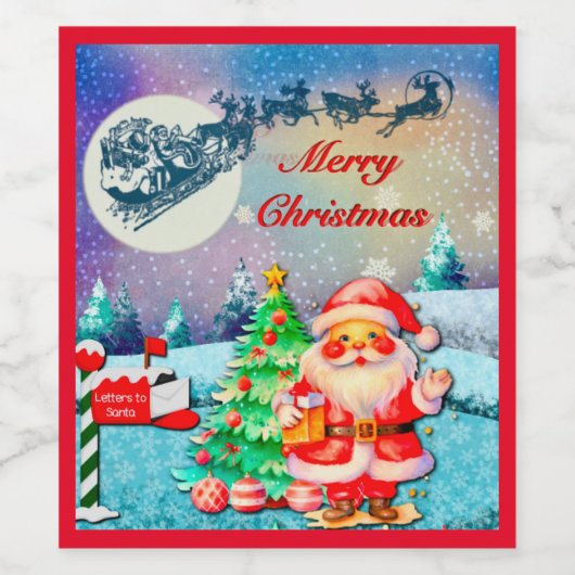 メリークリスマスサンタ、そり、トナカイ、スノーフレーク ワインラベル (シングルラベル)