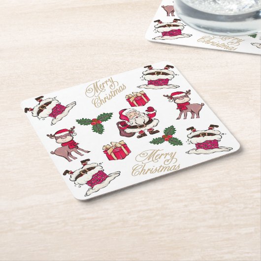 メリークリスマスサンタ・トナカイのギフトホリー スクエアペーパーコースター (アングル)
