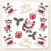 メリークリスマスサンタ・トナカイのギフトホリー スクエアペーパーコースター (正面)