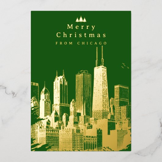 メリークリスマスシカゴグリーンフォイルホリデーカード 箔シーズンカード (正面)