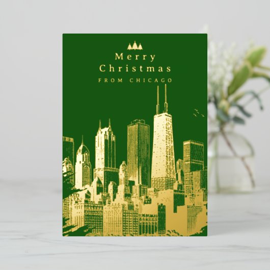 メリークリスマスシカゴグリーンフォイルホリデーカード 箔シーズンカード (立ち正面)