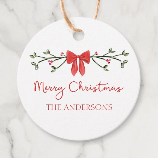 メリークリスマスシックなコケットレッドボウパーソナライズされた フェイバータグ (正面)