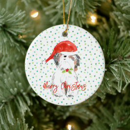 メリークリスマスシツドッグフェスティバルサンタハットホリー セラミックオーナメント