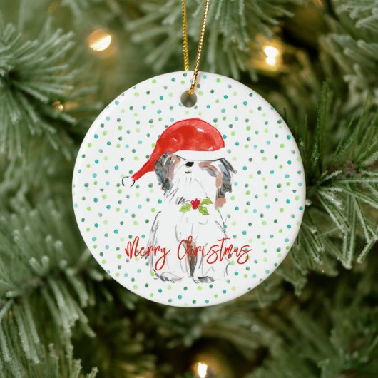 メリークリスマスシツドッグフェスティバルサンタハットホリー セラミックオーナメント (ツリー)