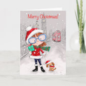 メリークリスマスシティガール歩く彼女の犬 カード (正面)