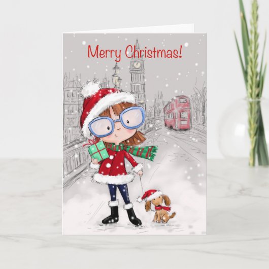 メリークリスマスシティガール歩く彼女の犬 カード (正面)