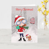 メリークリスマスシティガール歩く彼女の犬 カード (黄色い花)