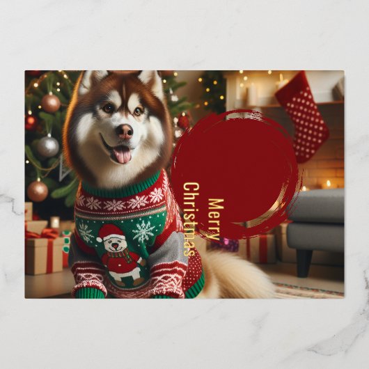 メリークリスマスシベリアのハスキー箔グリーティングカード 箔シーズンカード (正面)