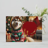 メリークリスマスシベリアのハスキー箔グリーティングカード 箔シーズンカード (立ち正面)