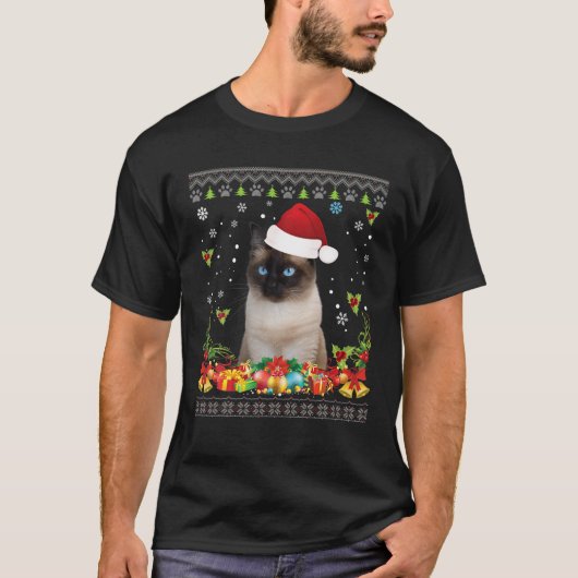 メリークリスマスシャム猫の醜いセーターサンタクラ Tシャツ (正面)