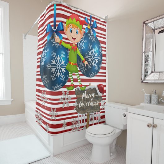 メリークリスマスシャワーカーテン小妖精や小人ストライプ シャワーカーテン (インサイチュ)