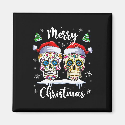 メリークリスマスシュガースカルサンタハットファミリークリスマス マグネット (正面)