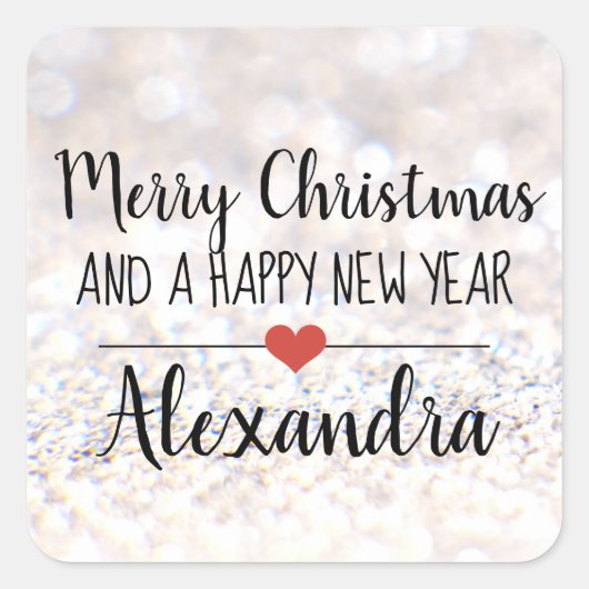 メリークリスマスシルバーグリッター名ステッカー スクエアシール (正面)