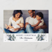 メリークリスマスシルバーブルーグリーンウィンターフローラ 箔シーズンカード (正面)