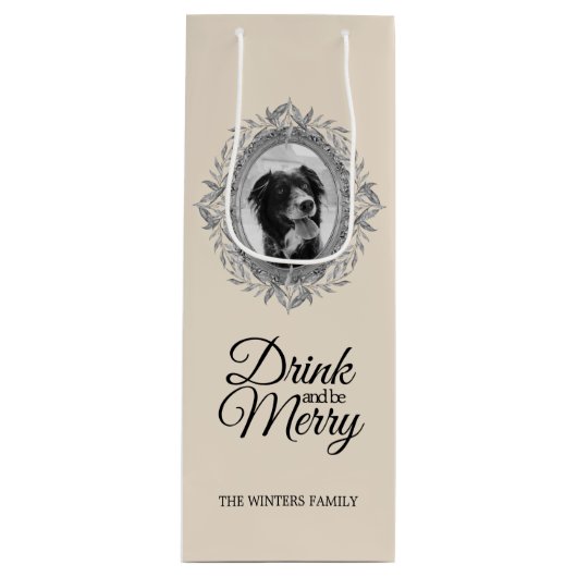 メリークリスマスシルバー葉リースフレーム写真 ワインギフトバッグ (正面)