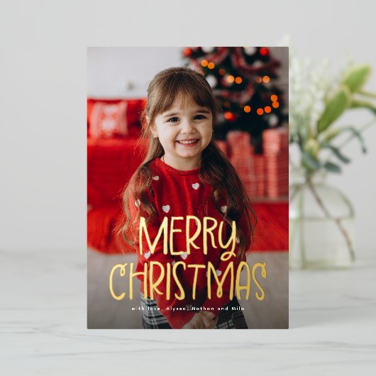 メリークリスマスシンプルのかわいい一枚の写真 箔シーズンカード (立ち正面)