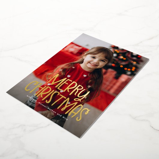 メリークリスマスシンプルのかわいい一枚の写真 箔シーズンカード (回転した状態)