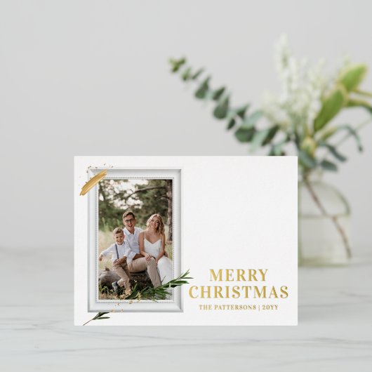 メリークリスマスシンプルのエレガントフォトフレームモダン 箔シーズンポストカード (立ち正面)
