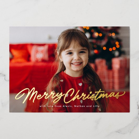 メリークリスマスシンプルのスクリプトの2枚の写真 箔シーズンカード (正面)