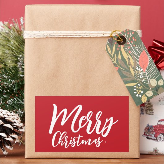 メリークリスマスシンプルのホワイトスクリプトレッド 長方形シール (クリスマス)