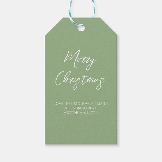 メリークリスマスシンプルのミニマリストスクリプトのスノーフレーク ギフトタグ (正面)