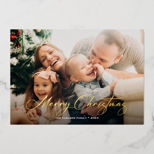 メリークリスマスシンプルの家族の写真 箔シーズンカード (正面)