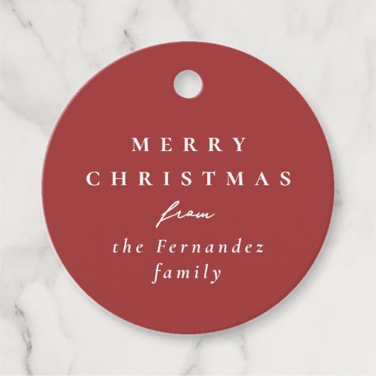 メリークリスマスシンプルの赤いギフトパーソナライズされた フェイバータグ (正面)