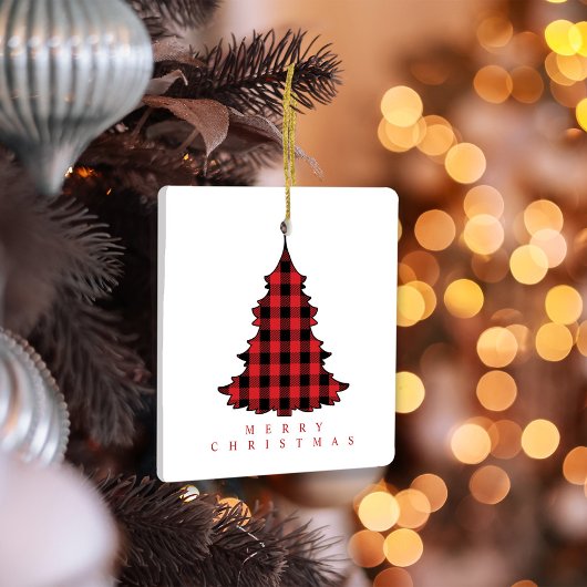 メリークリスマスシンプルの赤バッファロープレイド セラミックオーナメント