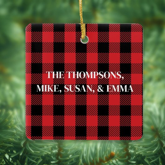 メリークリスマスシンプルの赤バッファロープレイド セラミックオーナメント