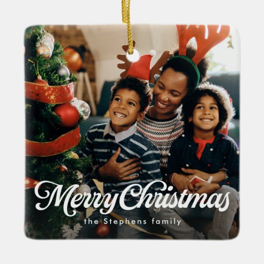 メリークリスマスシンプルクラシックワンフォトホリデー セラミックオーナメント (正面)