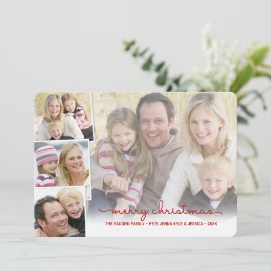 メリークリスマスシンプルハンドレター写真コラージュ シーズンカード (スタンド正面)