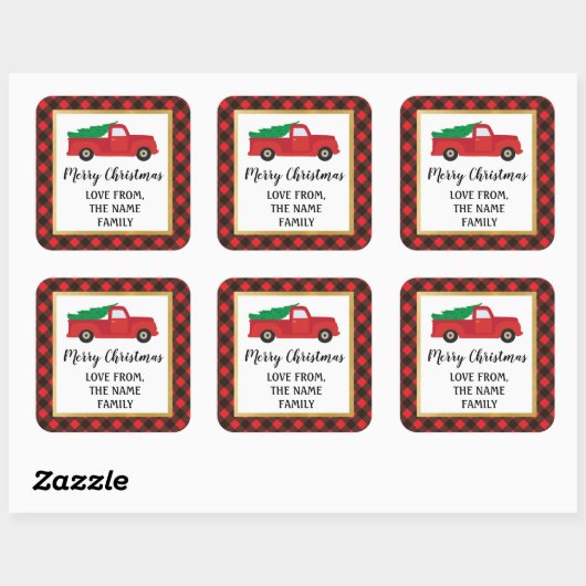メリークリスマスシールのラベル赤い格子付きトラック スクエアシール (シート)