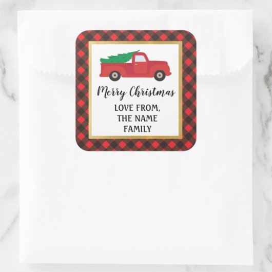 メリークリスマスシールのラベル赤い格子付きトラック スクエアシール (バッグ)