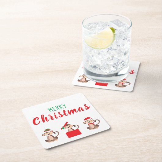 メリークリスマスジャングルモンキーサンタ小妖精や小人 スクエアペーパーコースター (インサイチュ)