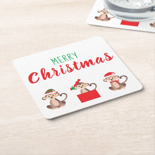 メリークリスマスジャングルモンキーサンタ小妖精や小人 スクエアペーパーコースター (アングル)