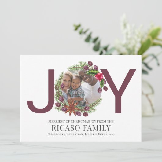 メリークリスマスジョイプラムリースフォトカード シーズンカード (スタンド正面)