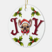 メリークリスマスジョイ可愛いフランスのブルドッグホリー セラミックオーナメント (左)