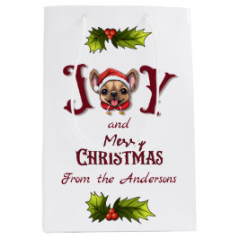 メリークリスマスジョイ可愛いフランスのブルドッグホリー ミディアムペーパーバッグ