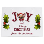 メリークリスマスジョイ可愛いフランスのブルドッグホリー ラージペーパーバッグ (正面)