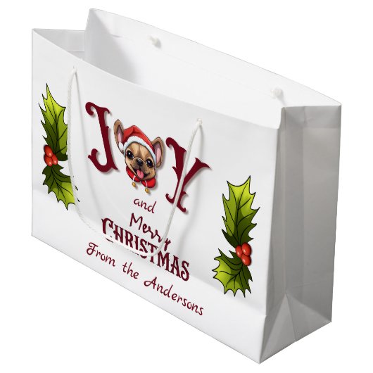 メリークリスマスジョイ可愛いフランスのブルドッグホリー ラージペーパーバッグ (正面アングル)