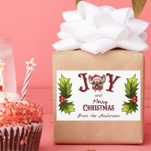 メリークリスマスジョイ可愛いフランスのブルドッグホリー 長方形シール (パーティー)