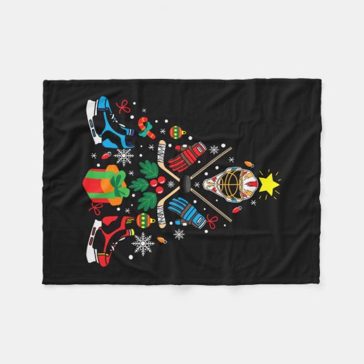 メリークリスマススアイスホッケークリスマスツリー フリースブランケット (正面(横))
