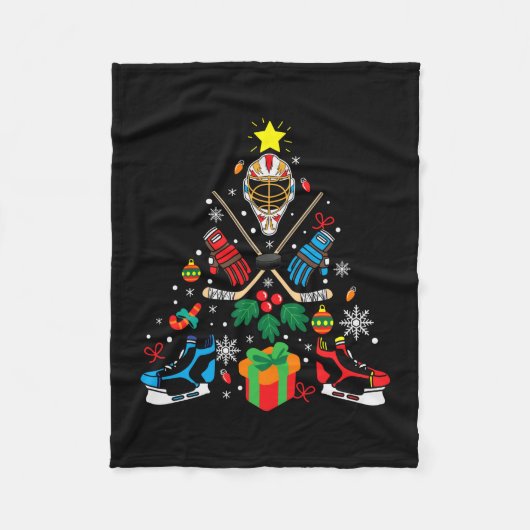 メリークリスマススアイスホッケークリスマスツリー フリースブランケット (正面)