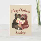メリークリスマススイートハートかわいいテディベア抱擁 シーズンカード (正面)