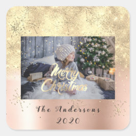 メリークリスマススキン金ゴールドスターグリッターフォトスパー スクエアシール